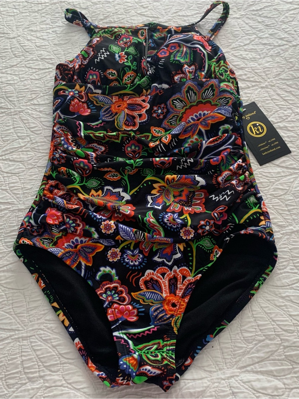 Kathy Ireland NWT 2 Black 1-Piece Swimsuit with Colorful Floral Print & Ruching